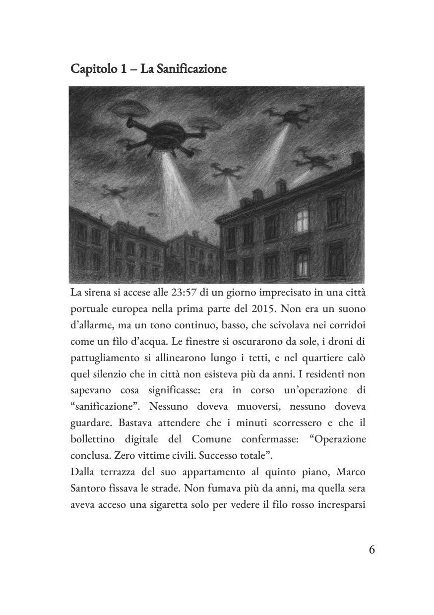 Illustrazione: droni di pattugliamento illuminano una strada di città con fasci di luce