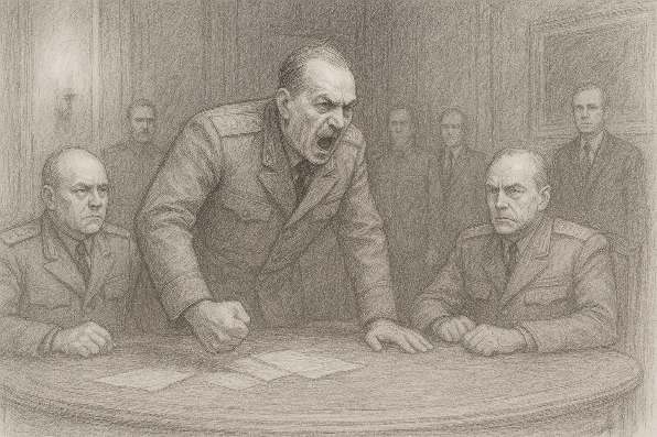 Illustrazione: riunione tesa al Cremlino, un leader in piedi davanti al tavolo